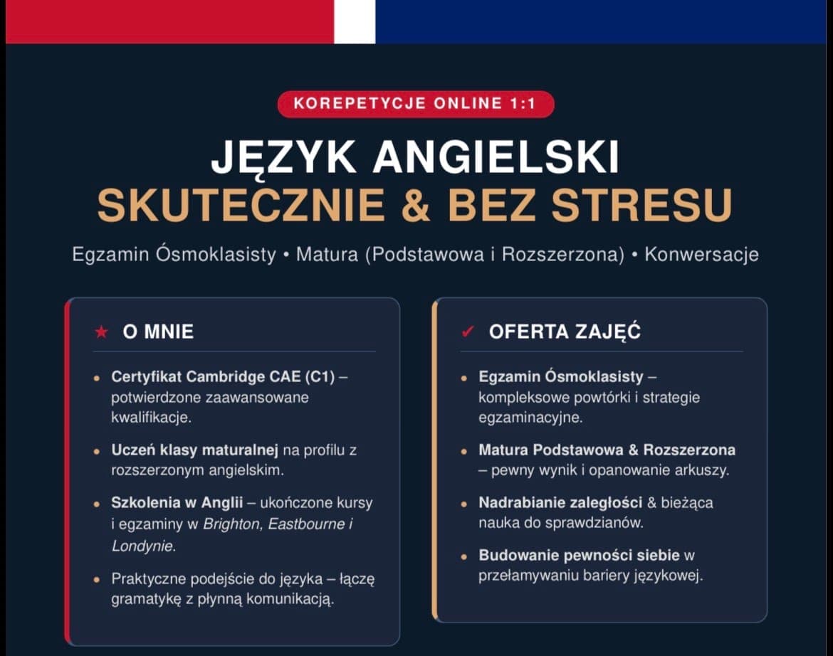 Język Angielski - podwyższenie umiejętności, E8, matura podstawowa/rozszerzona — Korepetycje z języka angielskiego online