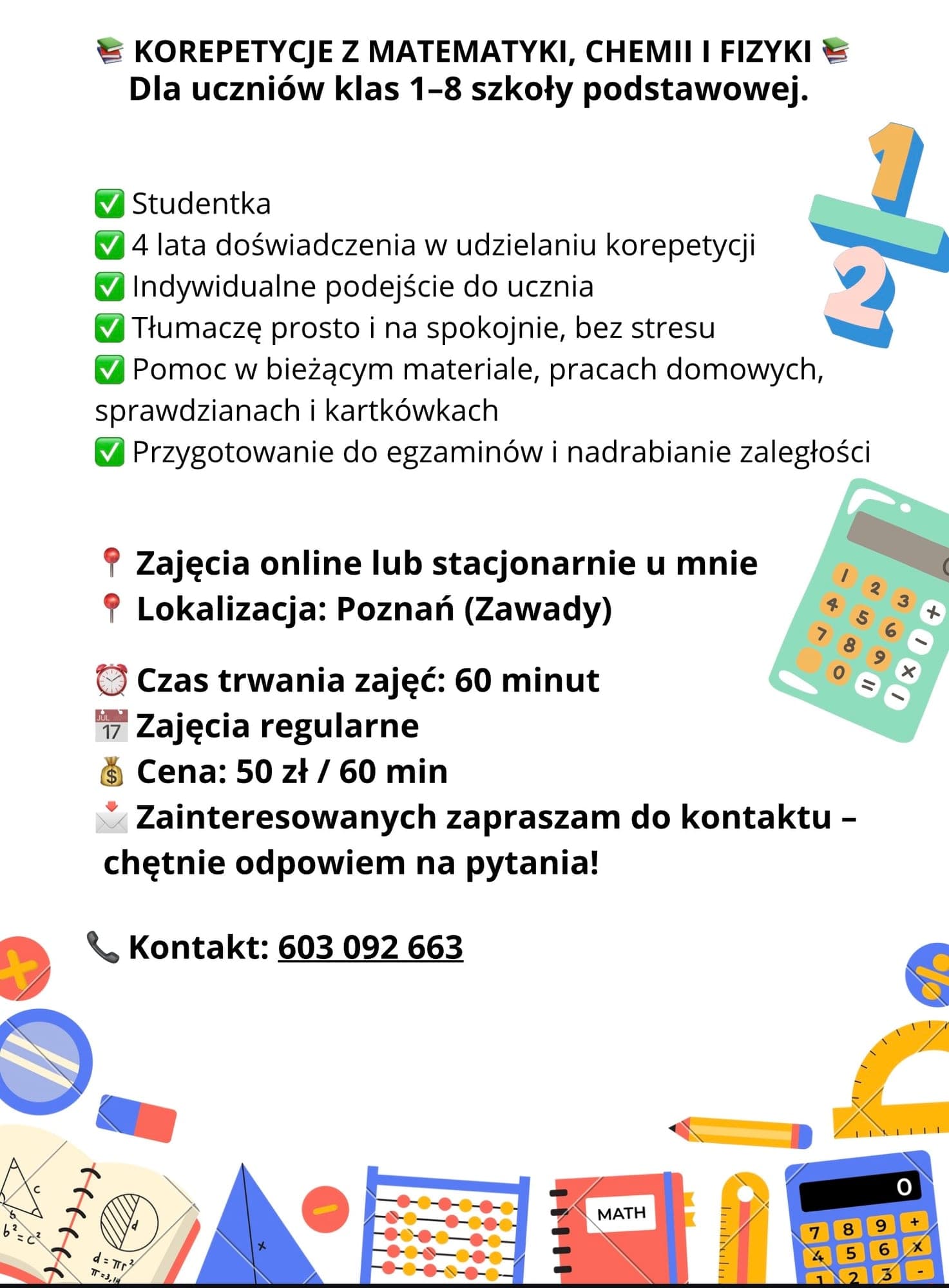 Korepetycje dla klas 1-8 oraz liceum 1-2 klasy — Korepetycje z matematyki w Poznaniu